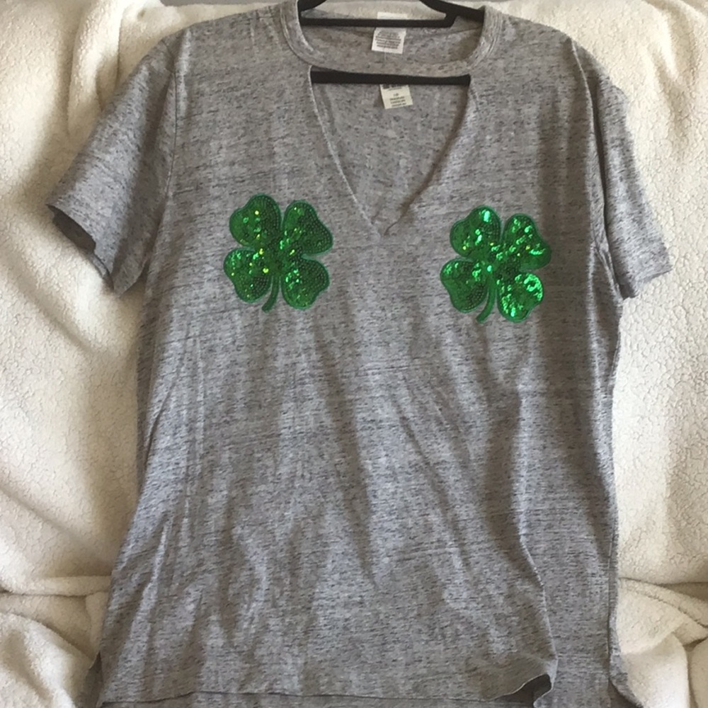 Victoria Secret Pink- Gray Tee with Green Shamrock Sequin Accents